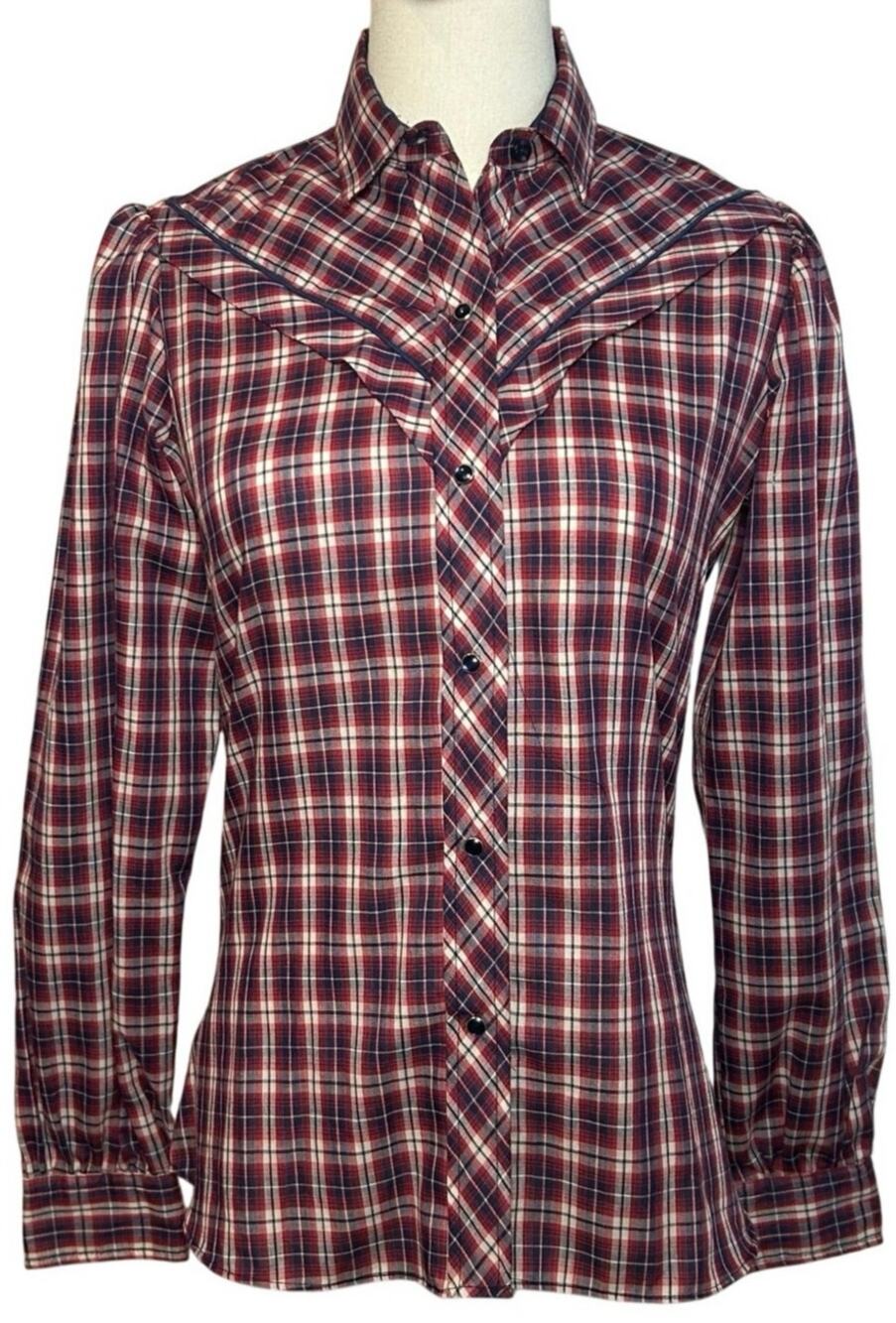 VTG 70s Kenny Rogers XS/S Western Red Plaid Snap Puff Sleeve Shirt Cottage Boho